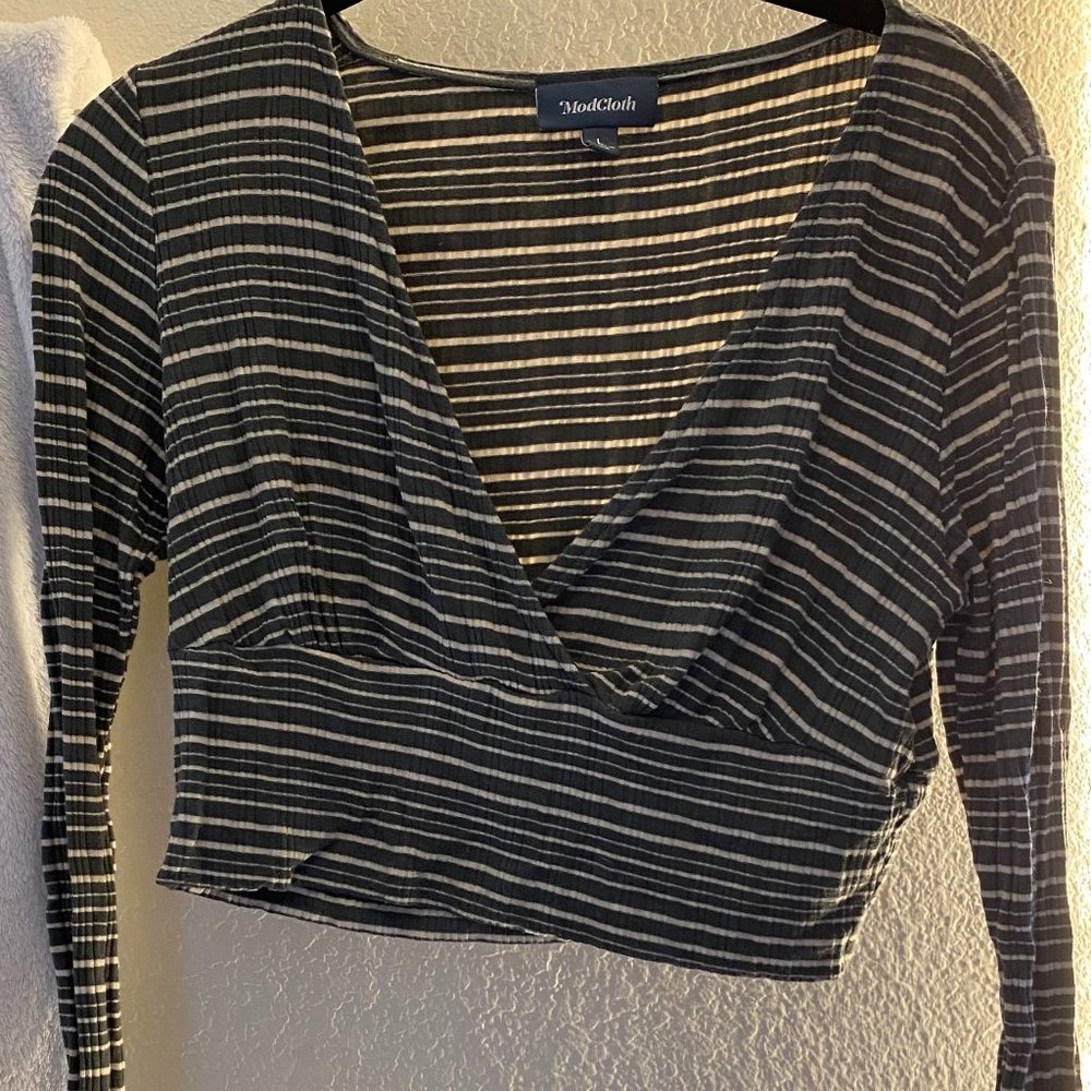 Stylish Modcloth Long Sleeve Crop Top - Dark Olive Green and Cream Stripes - Siz